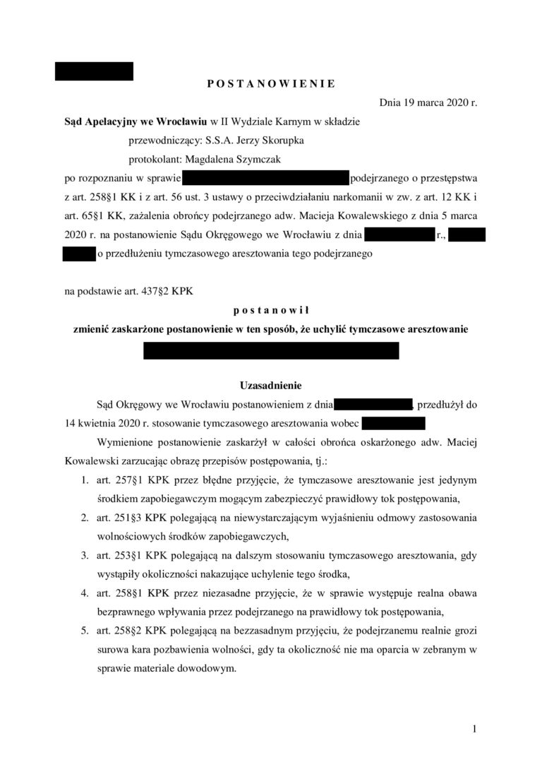Case study - Uchylenie tymczasowego aresztowania po zażaleniu – art. 258 KK