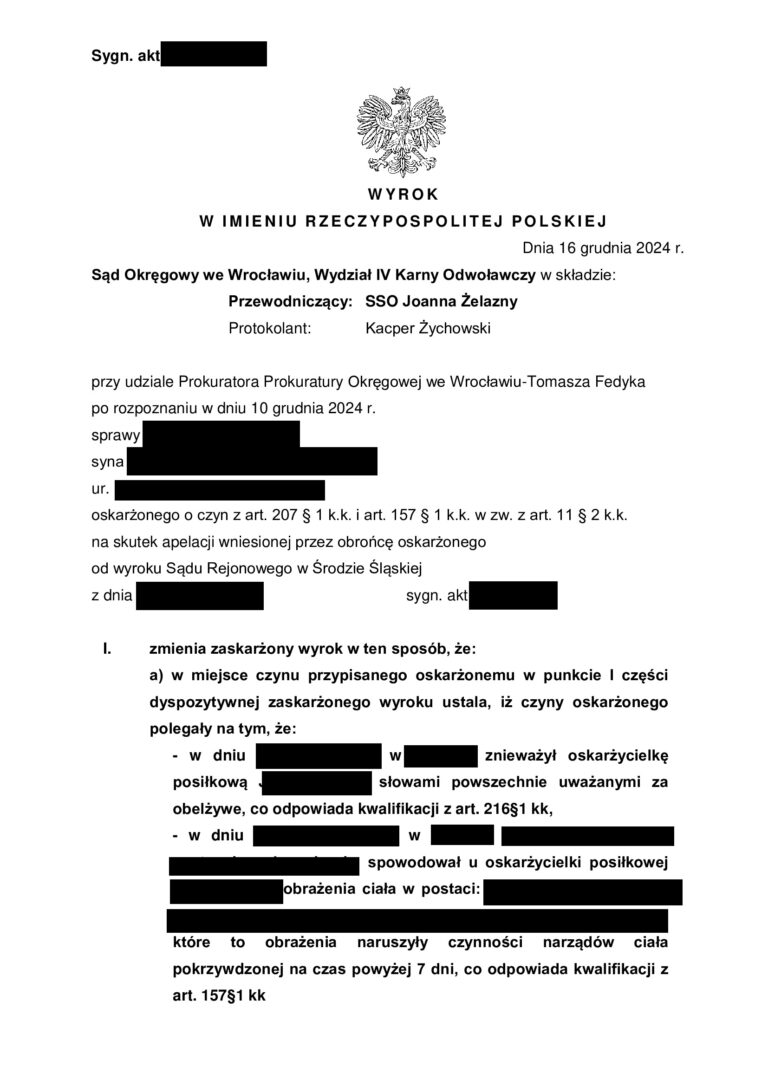 Case study skuteczna apelacja w sprawie o art. 207 k.k. – Sąd wyeliminował zarzut znęcania