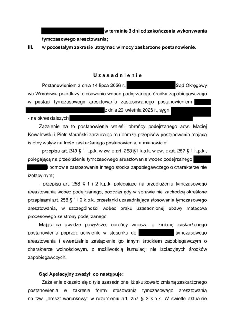 Case study - Tymczasowe aresztowanie – skuteczne zażalenie, 30.000 zł poręczenia, dozór i zakaz opuszczania kraju