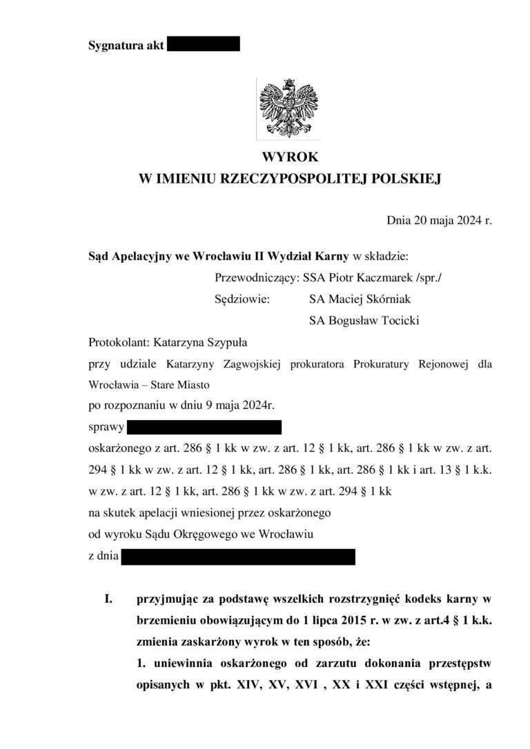 Case study: 22 zarzuty oszustwa na ponad 4 mln zł – apelacja i obniżenie kary z 4 lat do 1,5 roku