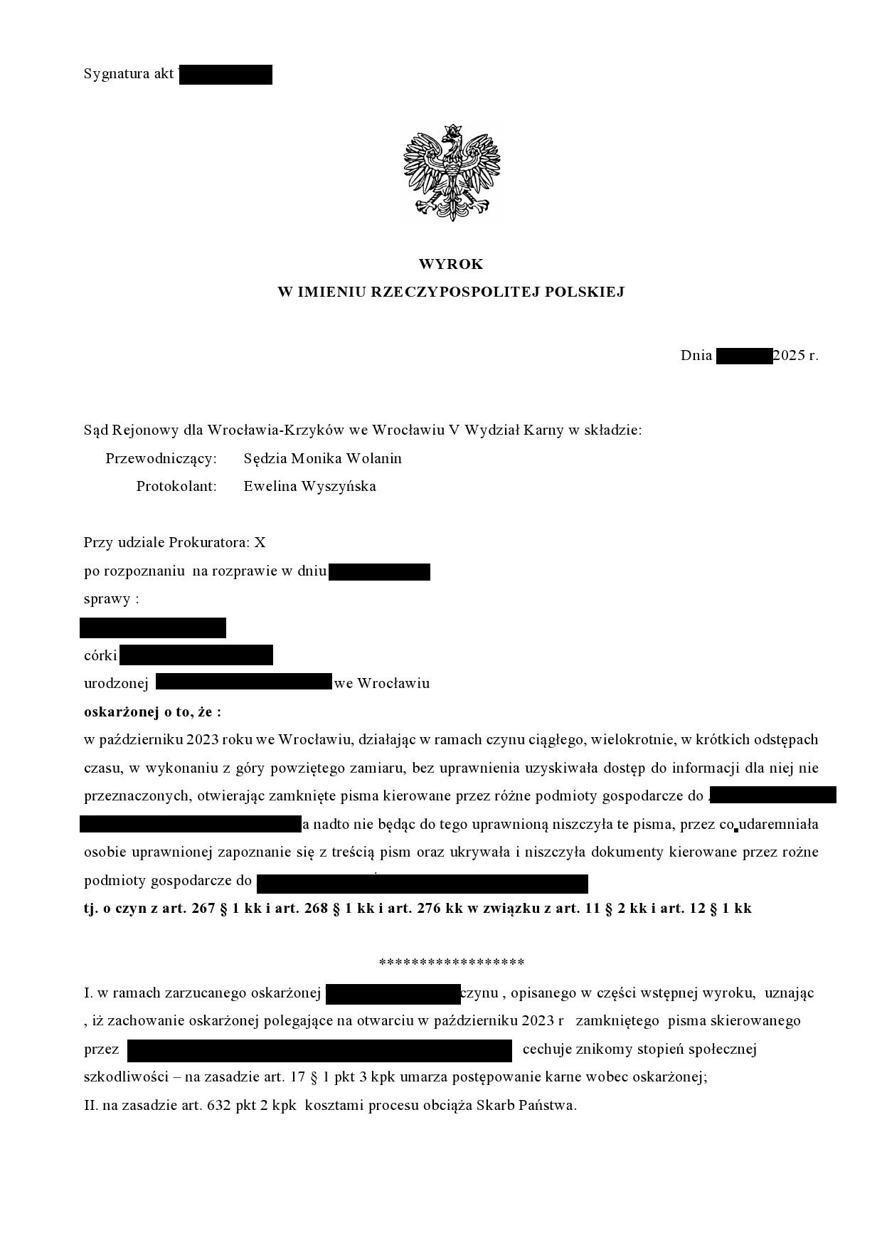 Zanonimizowany wyrok umarzający postępowanie z powodu znikomej społecznej szkodliwości czynu