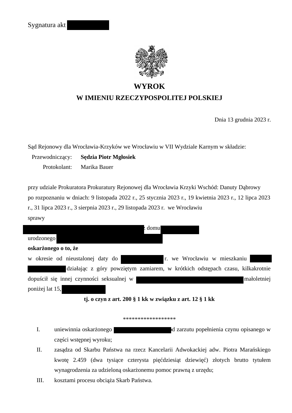 Zanonimizowany wyrok z 13 grudnia 2023 r. – uniewinnienie od zarzutu z art. 200 § 1 k.k.